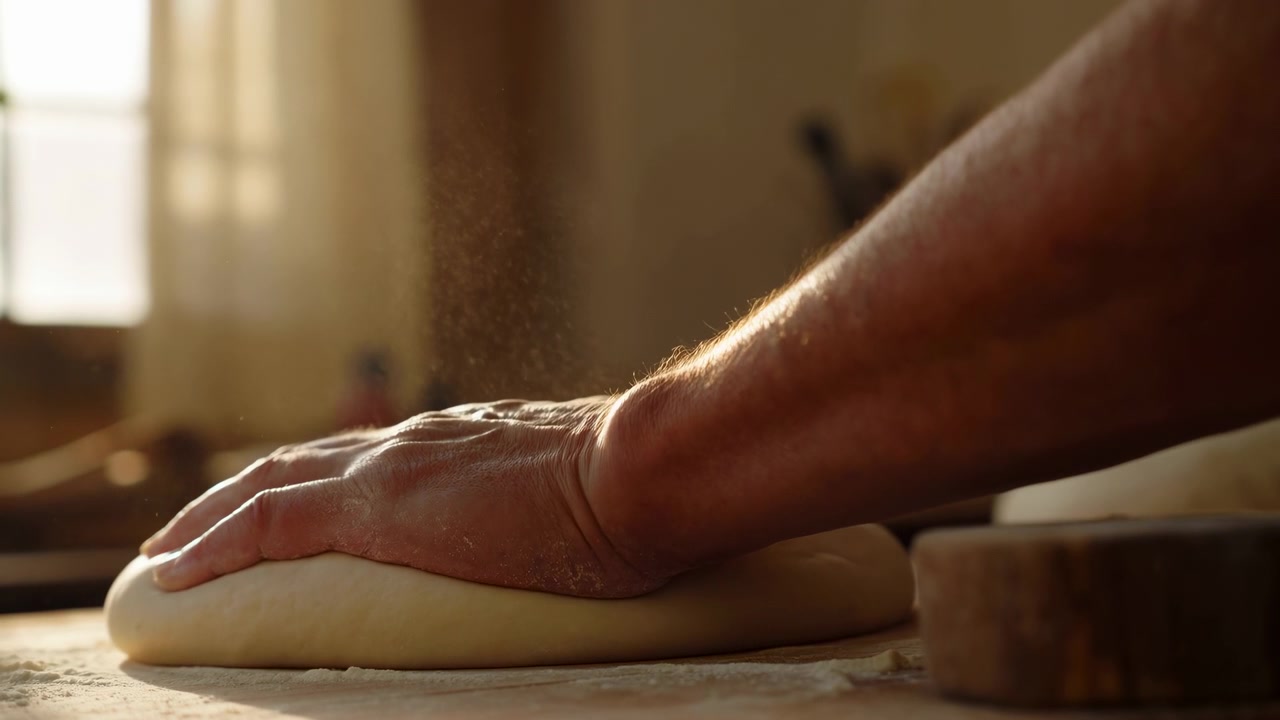 Close-up side view of adult hand pressing soft dough on floured wooden table in warm home kitchen, with bright window light, blurred background, small bowl at right, floating flour dust, and cozy