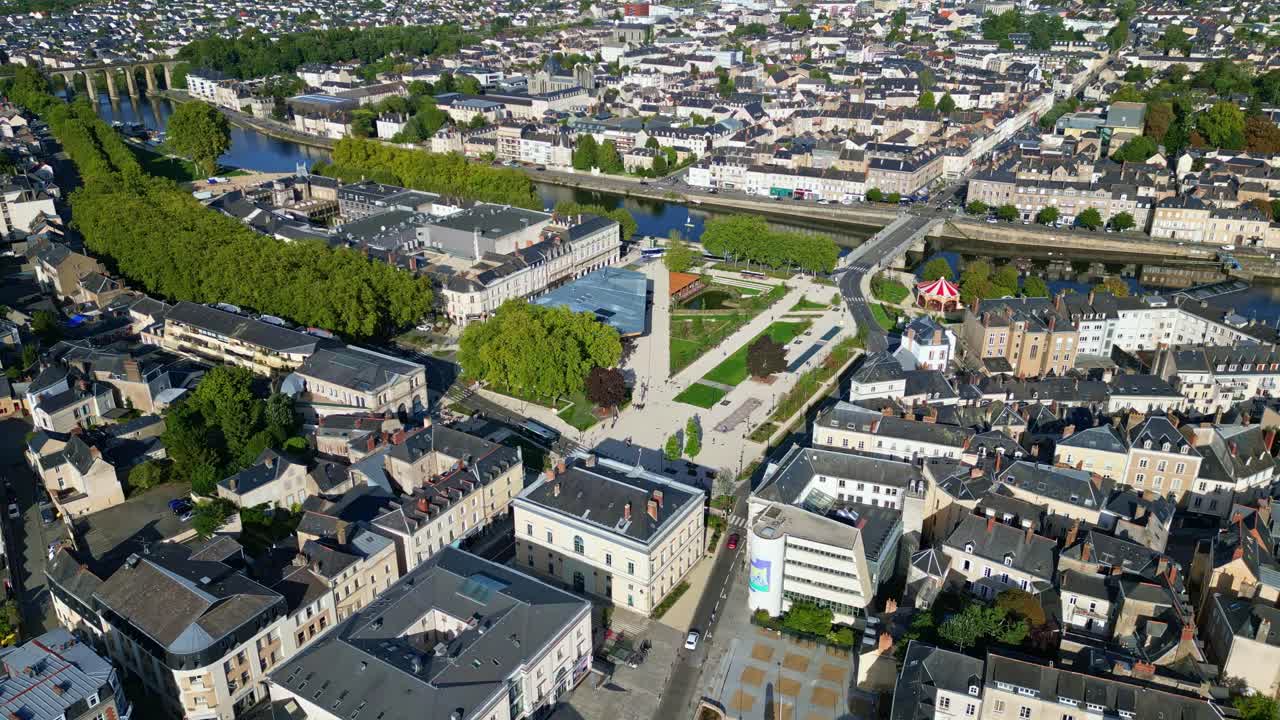 Drone approach to newly developed central plaza Place du 11 Novembre with visible pedestrian areas in Laval, Mayenne, France