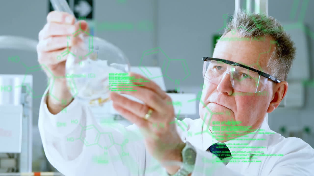 Animation of data processing and chemical formula over caucasian male scientist holding vial