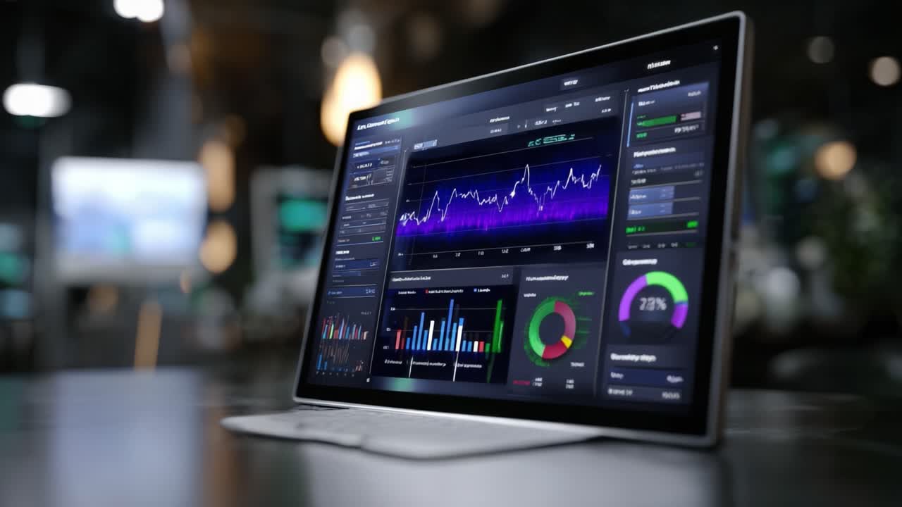 Modern laptop displays financial charts on sleek surface. Background shows blurred office lights. No people visible. Ideal for business, finance, or data analysis themes