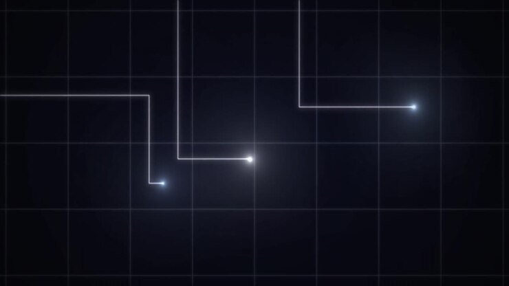 Animation of glowing white points with light trails forming grid on night sky with stars