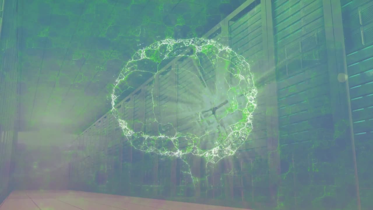 animación del cerebro sobre la sala del servidor