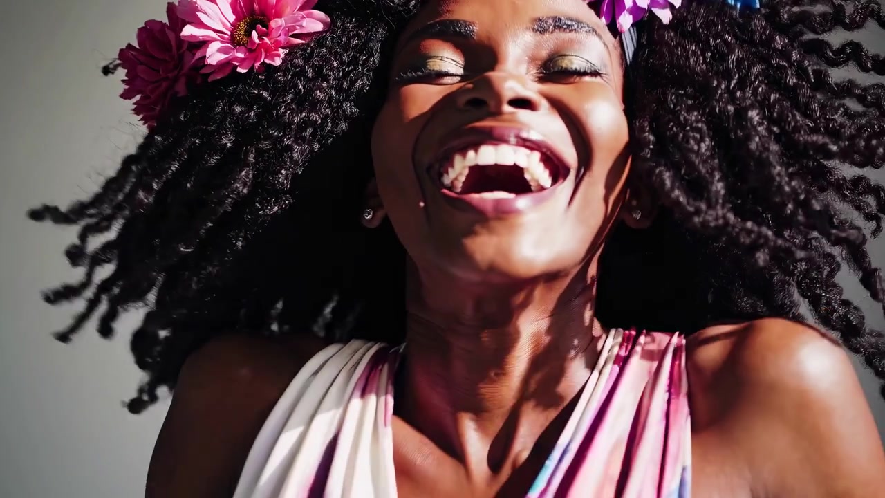 Vivace donna afroamericana con fiori tra i capelli che ride di gusto