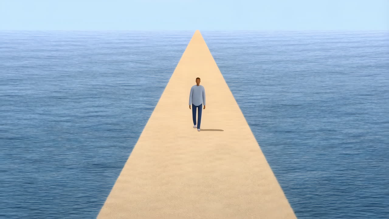 A lone person walks on a narrow path stretching across the ocean towards the horizon