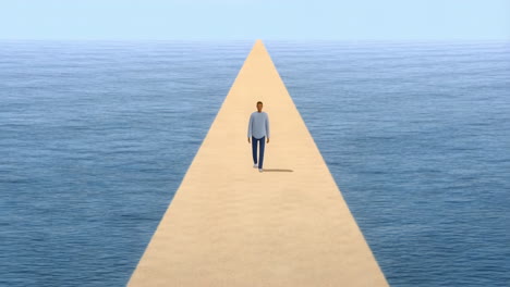 a lone person walks on a narrow path stretching across the ocean towards the horizon