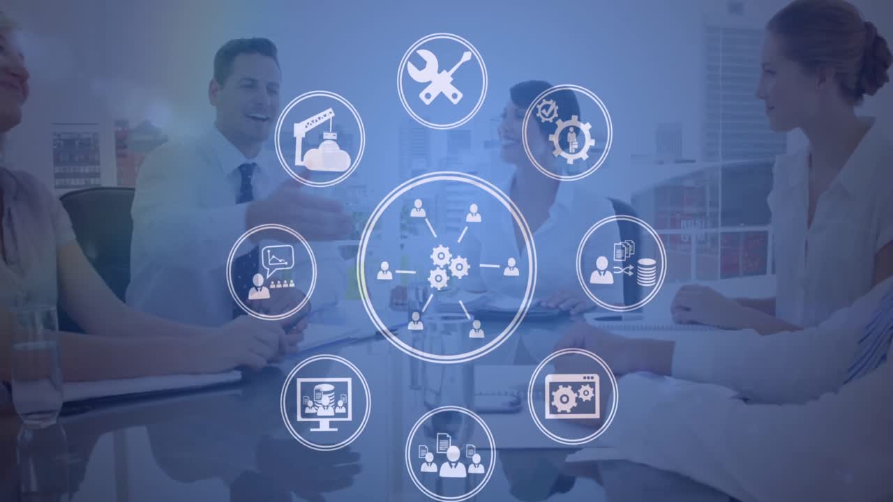 animación de la red de conexiones con iconos empresariales sobre diversas personas de negocios