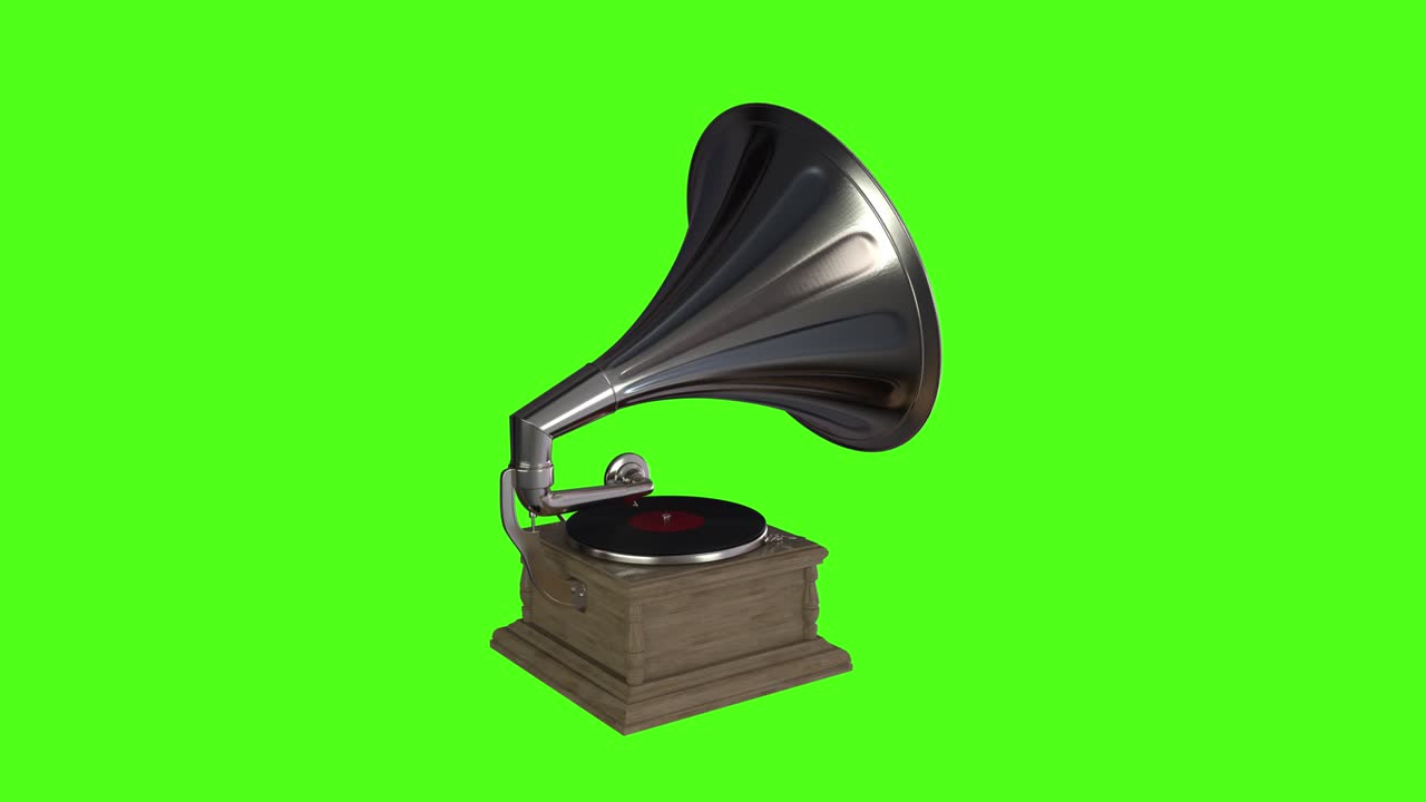 그라모폰은 녹색 스크린 배경에서 비닐 레코드를 재생합니다.