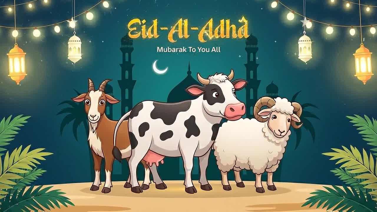 Eid Al Adha greeting banner animation with cow goat and sheep beside mosque under crescent moon lights on Decorative Background