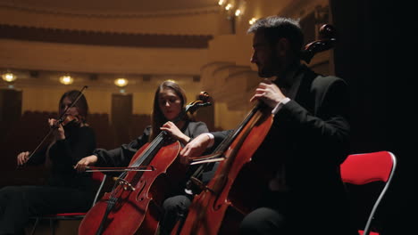 cellists and violinists are playing music on scene of opera house string instruments orchestra