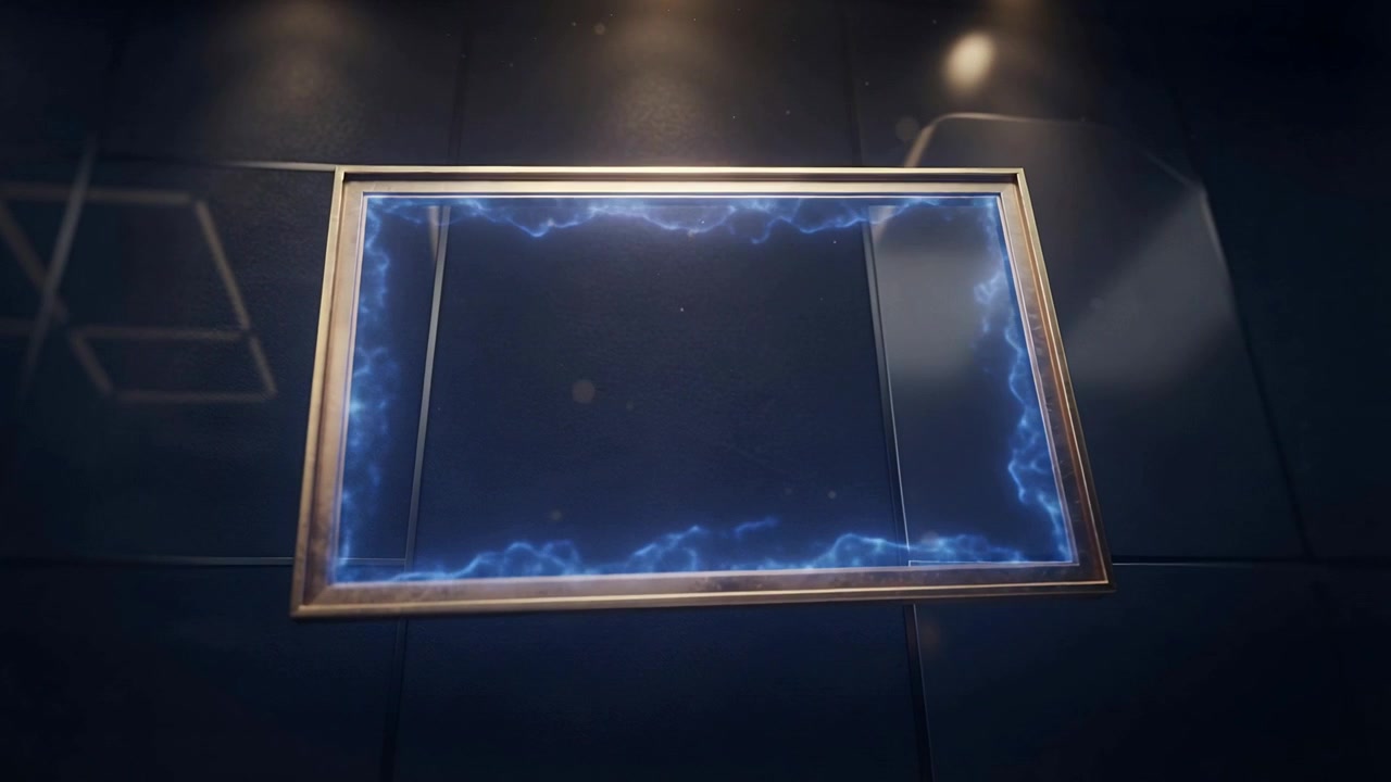 Forming after three frames, gold frame emitting bluish plasma border on gallery wall, with sparks