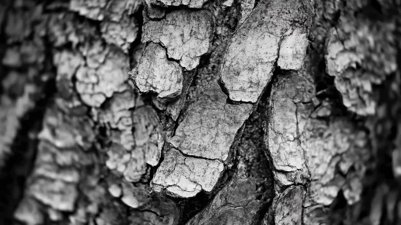 Timelapse closeup of tree bark showing detailed texture changes over time, revealing the rugged natural surface in sharp contrast.