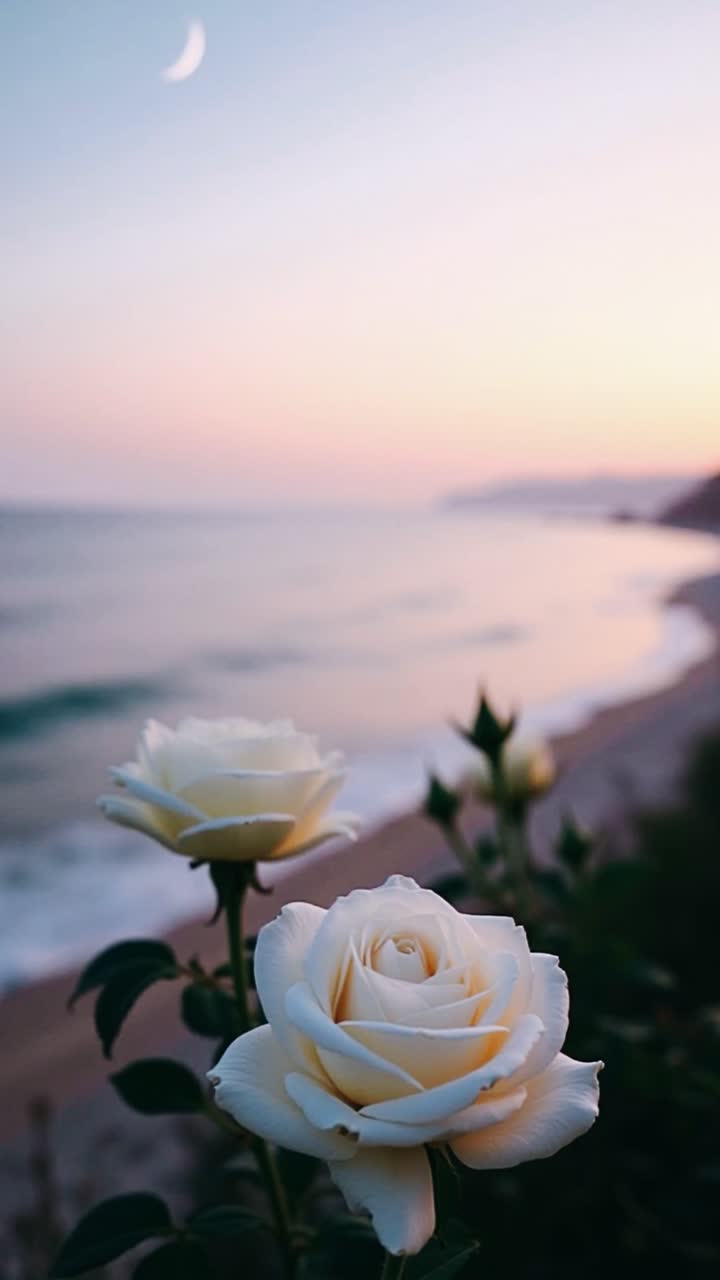 White Roses at Sunset Beach with Crescent Moon