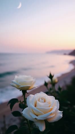 white roses at sunset beach with crescent moon