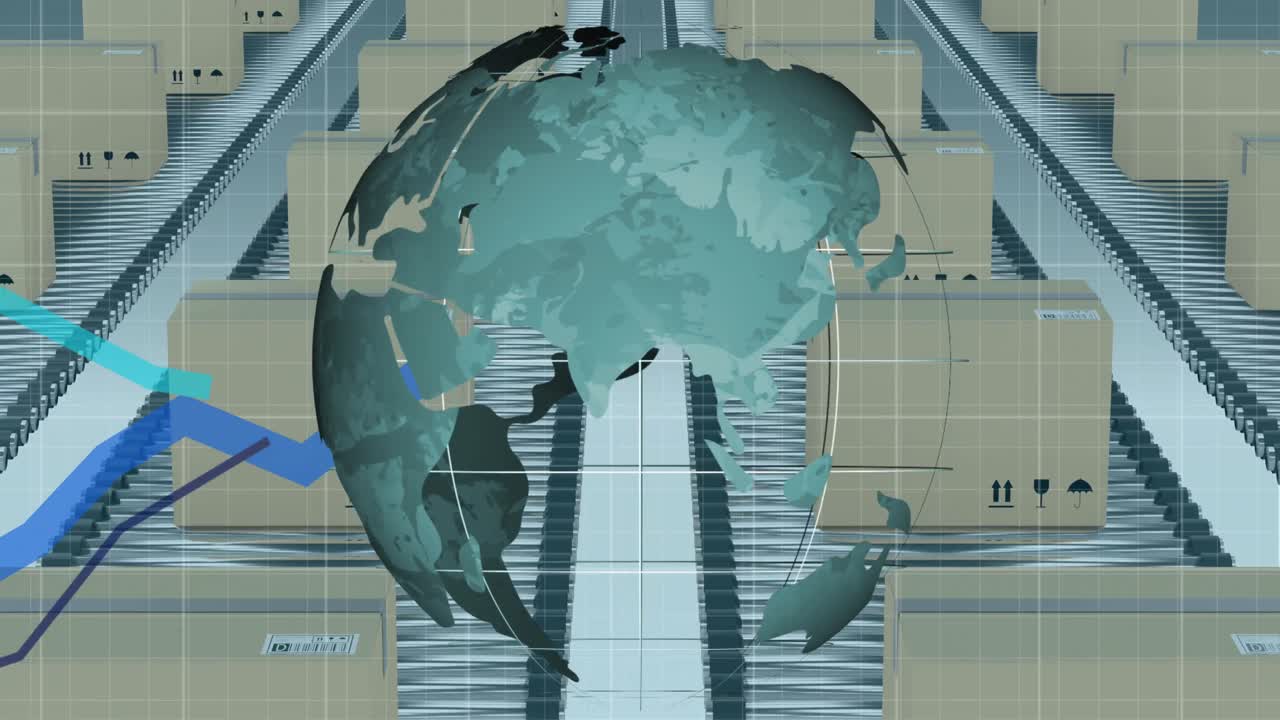 컨베이어 벨트에 있는 카드보드 상자 위에서 회전하는 푸른 선 처리 및 지구의 애니메이션