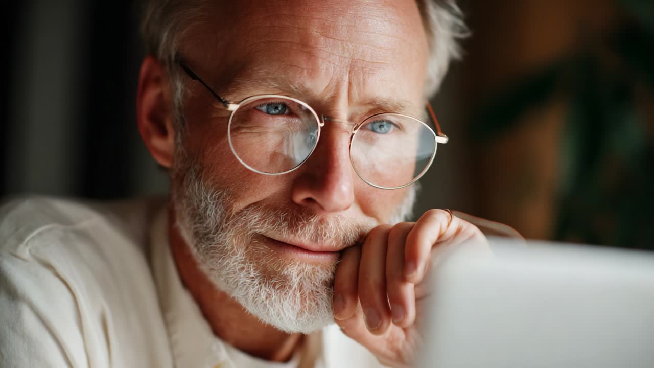 A Thoughtful Man in a Cozy Setting Engages with His Laptop, Exhibiting an Expression of Contemplation and Focus While Set Against a Warm, Inviting Background Highlighting Comfort and Introspection