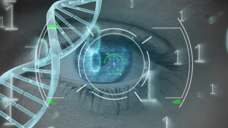 Animation-Von-Binärcode-Und-Diversen-Daten-über-DNA-Kette-Im-Hintergrund-Mit-Weiblichem-Auge