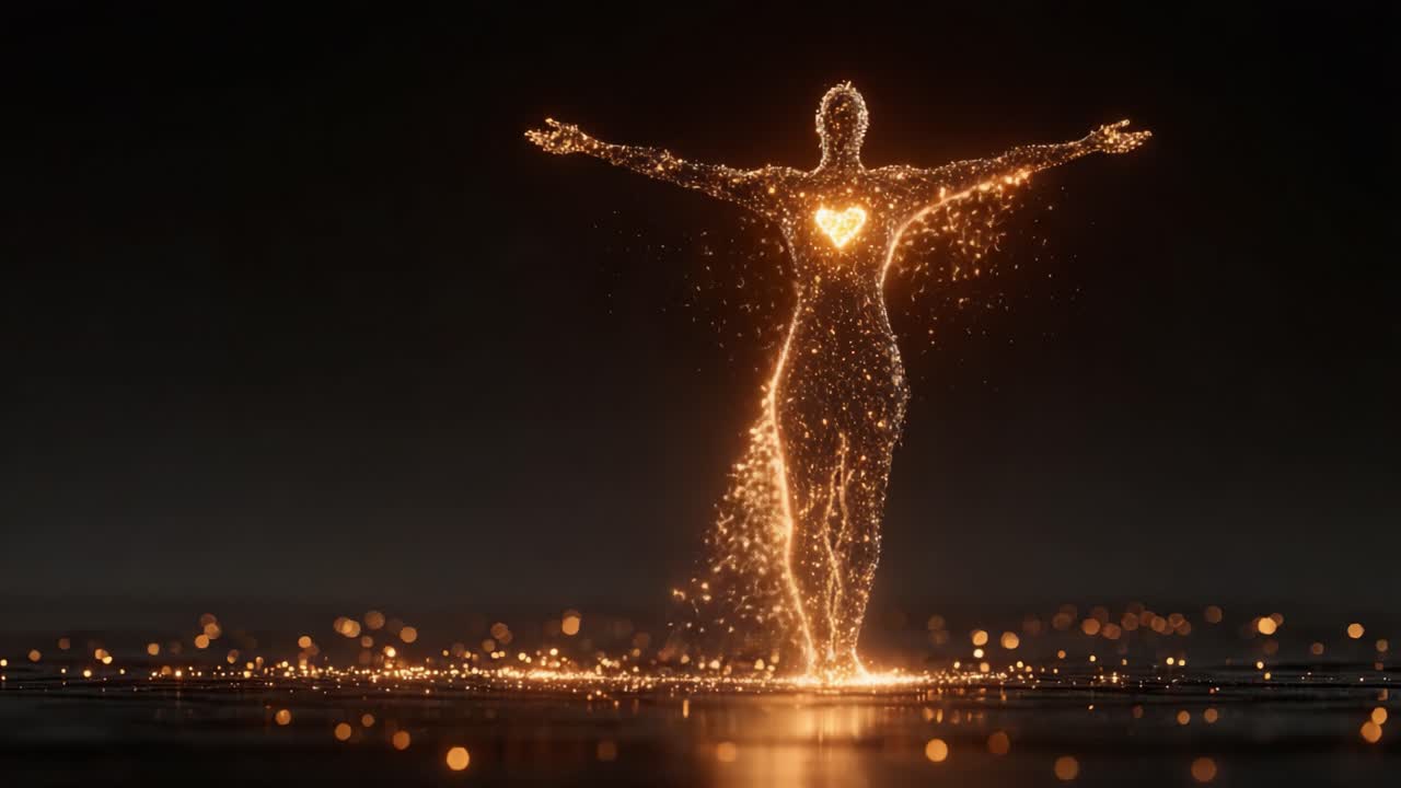 A mesmerizing display of a glowing human figure, formed by radiant particles and illuminated sparks, symbolizing transformation and the essence of life, with a striking heart at its core