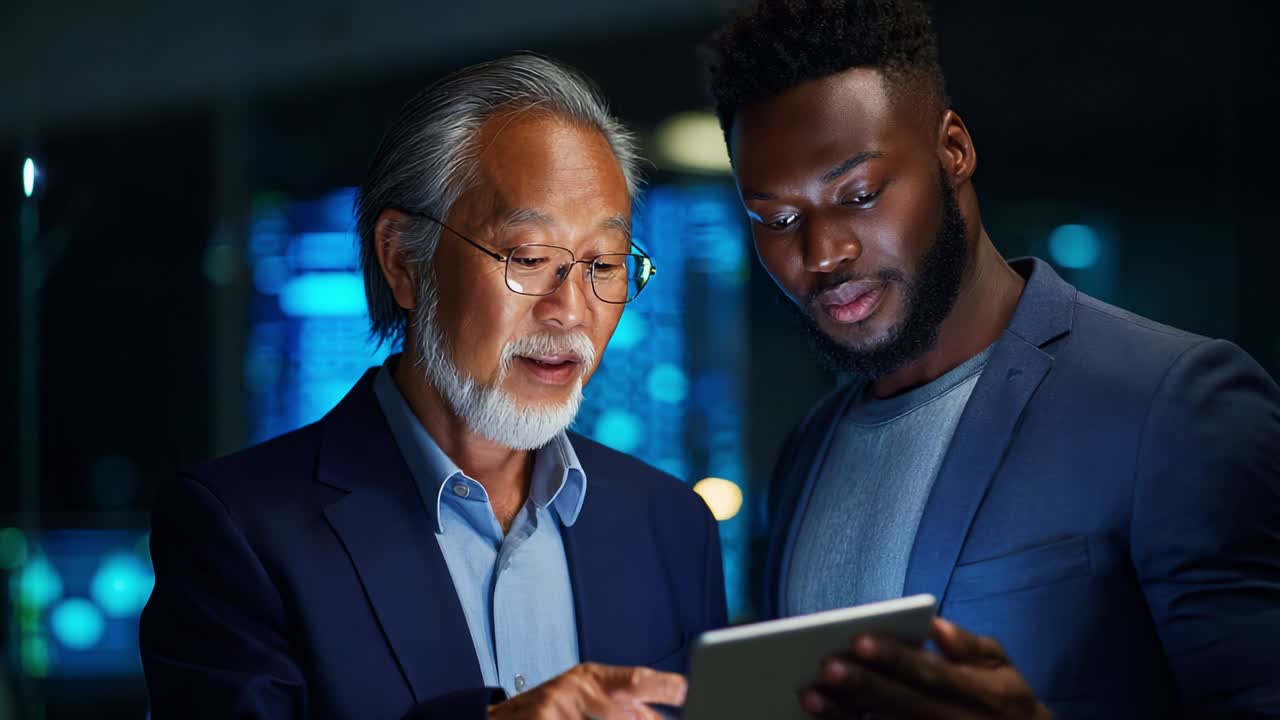 A thoughtful discussion between two professional individuals, showcasing collaboration and communication as they engage with a digital tablet, examining data and insights in a modern, technology-driven environment