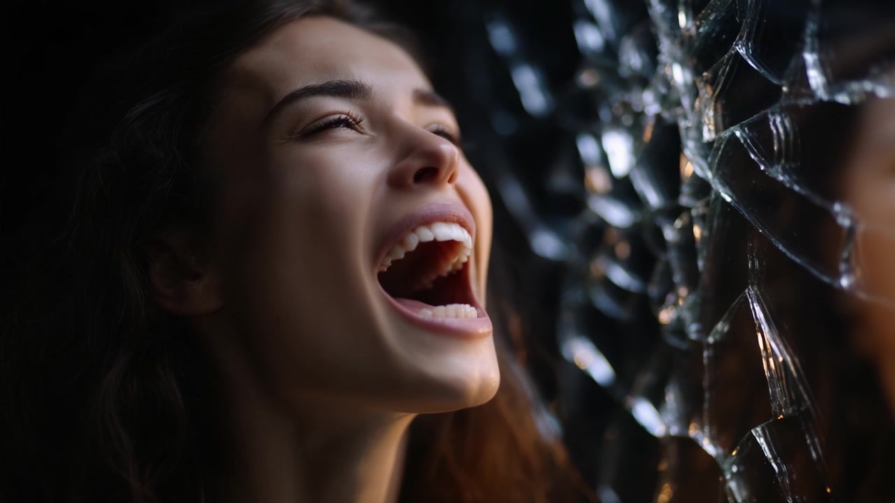Una Donna si Esprime Gioiosamente, la Sua Risata che Risuona Attraverso uno Specchio Rotto, Catturando un Momento di Emozione Non Filtrata e Connessione con il Proprio Riflesso