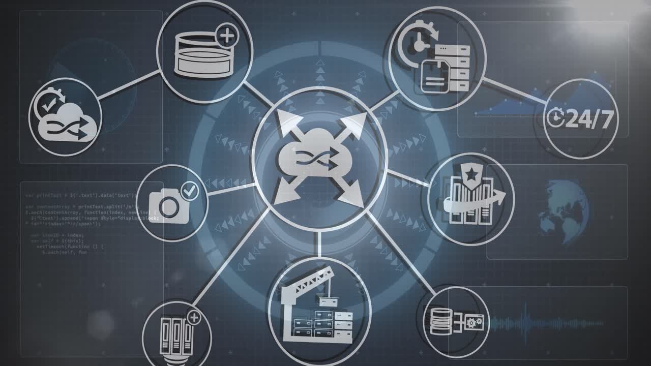 아이콘과 세계 지도 위의 지구로 연결된 네트워크의 애니메이션