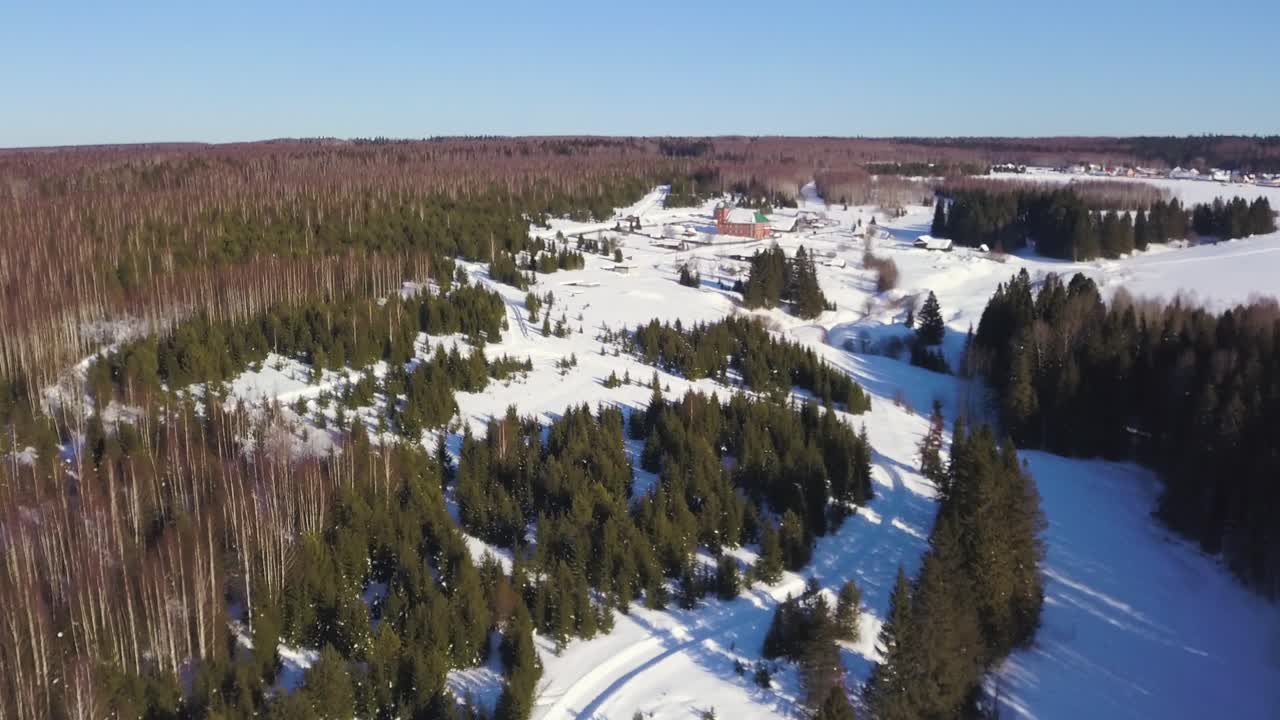 воздушный вид на заснеженную деревню и лес