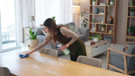 woman cleaning a wooden table in a living room