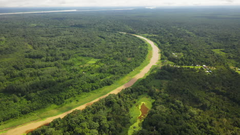 wide aerial shot of the amazon river and the amazon rainforest surrounding the water in peru