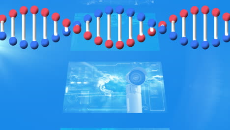 파란색 배경의 화면에서 dna 가닥 회전과 의료 데이터의 애니메이션