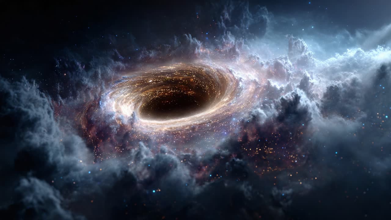 A Majestic Cosmic Phenomenon: Exploring the Depths of a Black Hole Surrounded by Glimmering Stars and Ethereal Clouds in the Vast Universe