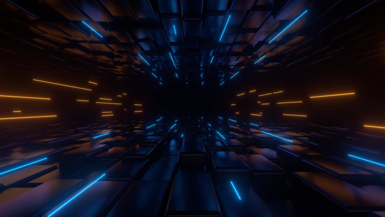 Back moving along dark tunnel illuminated by neon lights. Digital space. Cyberspace decor element. VJ loop motion background. 4K animation - 3D Render