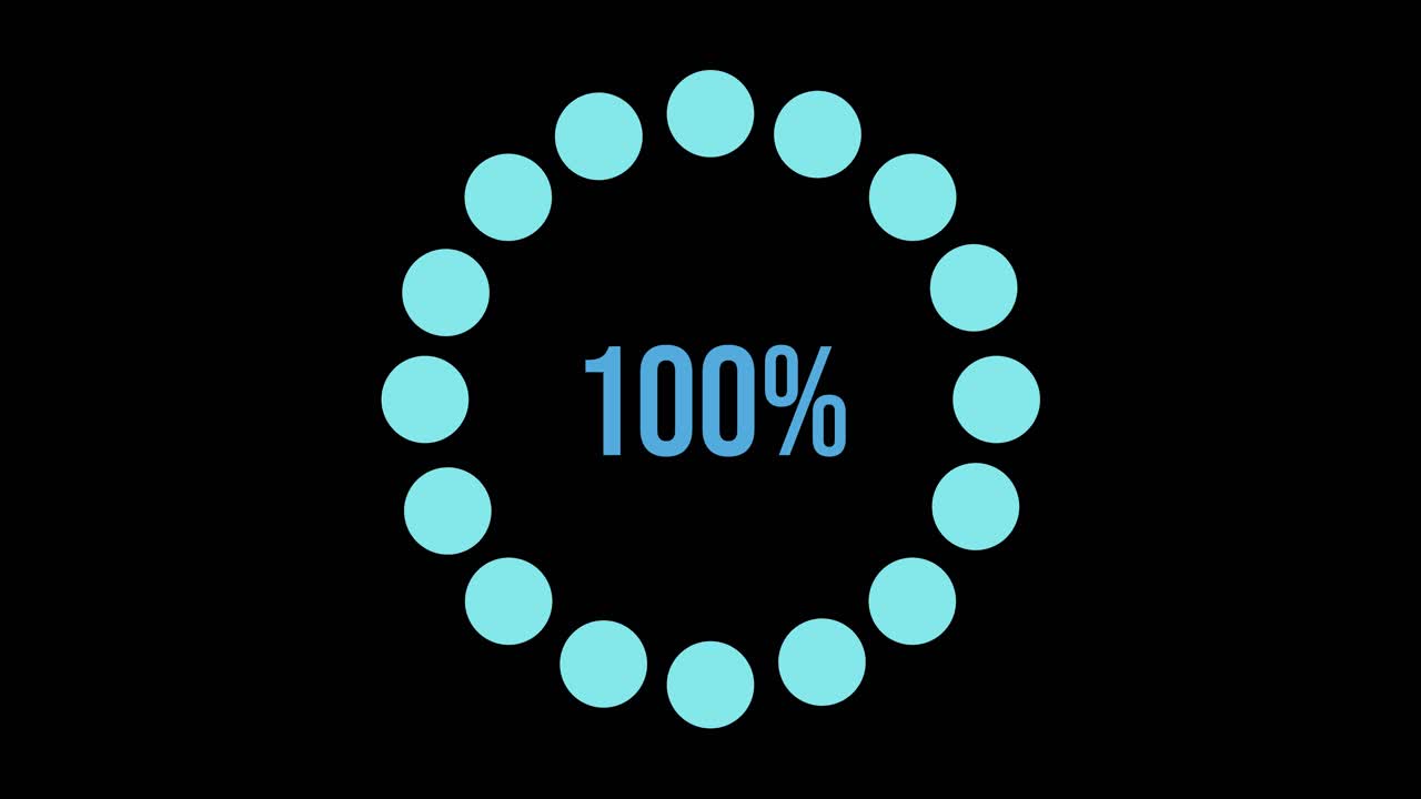 Circular progress bars increment from 5% to 100% with smooth transitions and a modern design on a black background