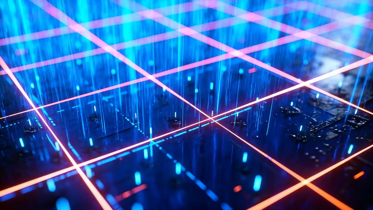 Shifting low camera showing orange-red grid on glossy circuit plane, revealing rising blue curtain