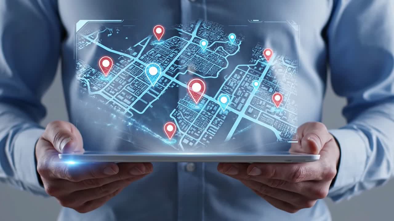 Person Holding a Tablet with a Holographic GPS City Map and Location Pins