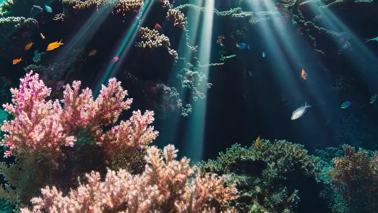 Sunlight Beams Shining Through Water onto Vibrant Coral Reef