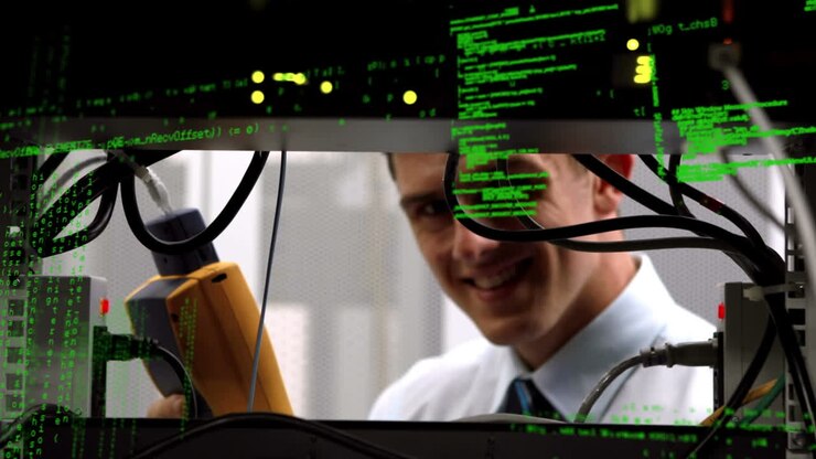 Animation af databehandling over kaukasisk mand i serverrum