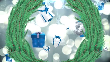 Animation-of-christmas-decoration-over-falling-snow,-presents-and-christmas-baubles