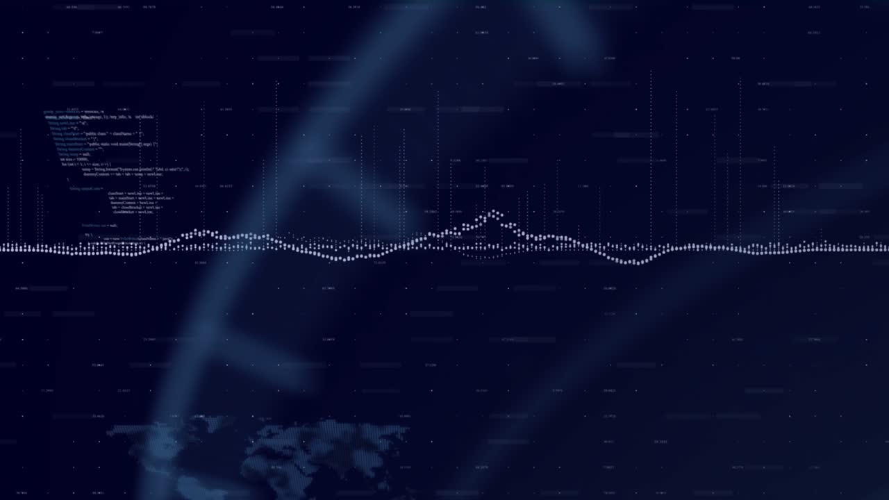 At start navy UI pulsing line showing waveforms scrolling code and sweeping radar illustrating data