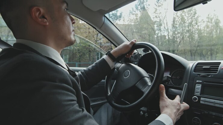 Homme à mobilité réduite conduisant une voiture avec des commandes manuelles