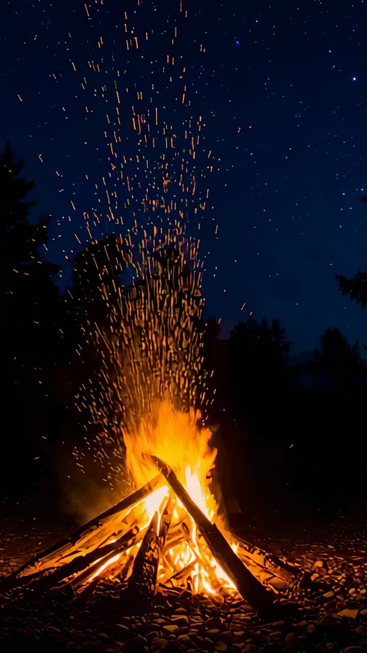 Vertical video: Camera rolling bonfire burning in clearing sending embers upward with logs burning