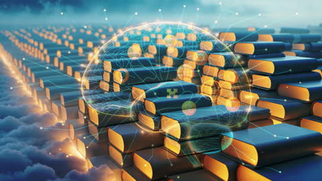 artificial intelligence brain connecting with a field of books