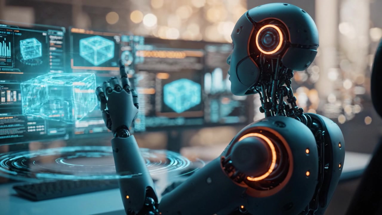 Futuristic Robot Analyzing Data on Multiple Screens: A Glimpse into Advanced AI Technology and Data Processing in a Modern Digital Environment