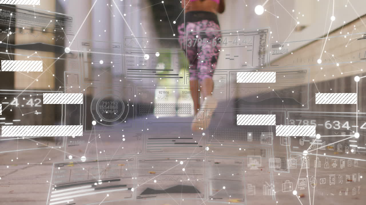 Runner on street with digital data and network connections overlay animation