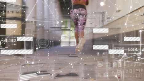 runner on street with digital data and network connections overlay animation