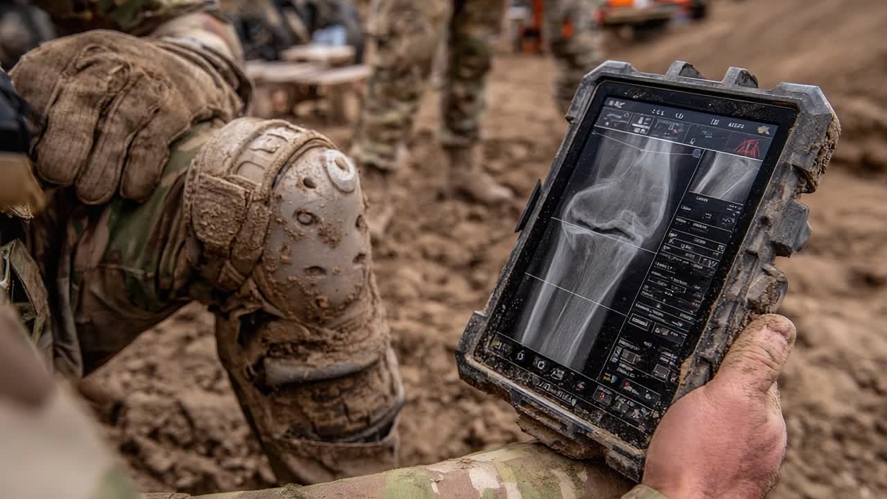 Military Personnel Analyzing X-Ray Images of a Knee Injury in a Field Environment, Highlighting Technological Integration in Medical Assessments