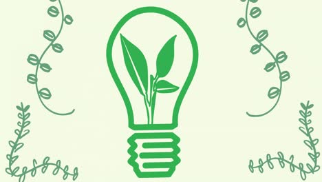 animation of green plants and green plant in light bulb, on pale green background