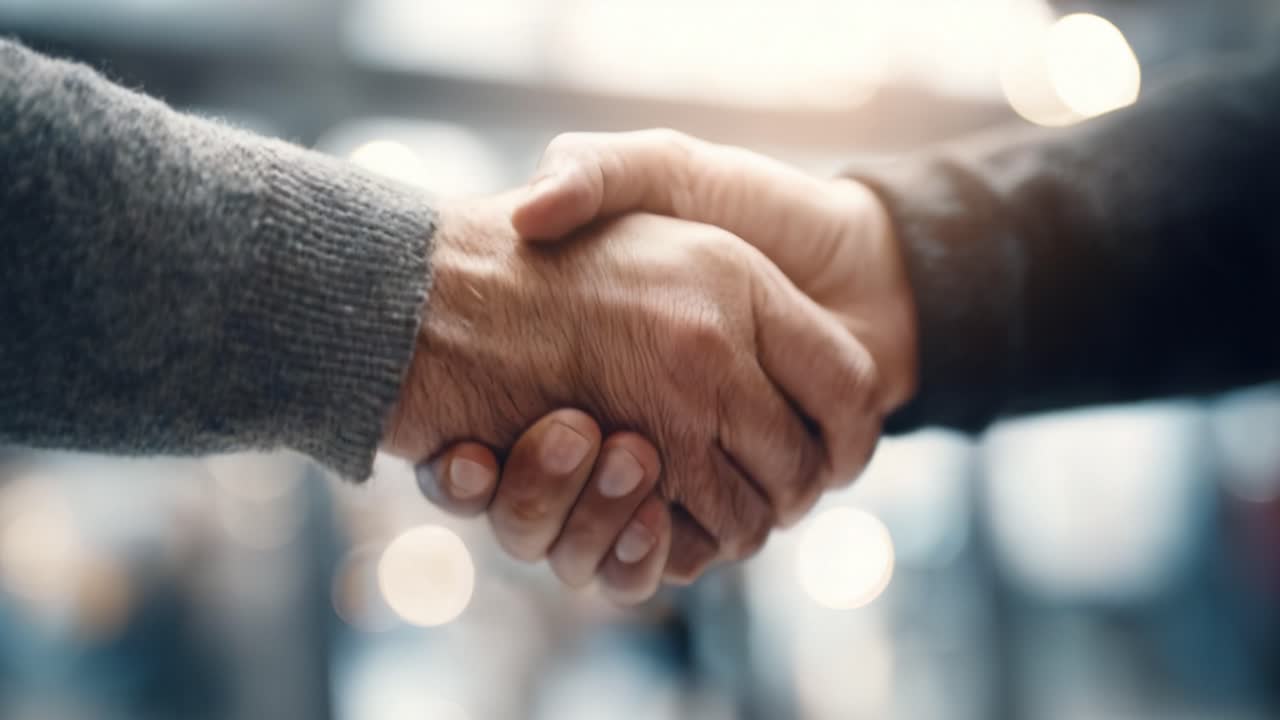 Close up view of two professional men shaking hands, sealing a deal or greeting each other in a corporate office environment with a warm, welcoming gesture of respect and partnership