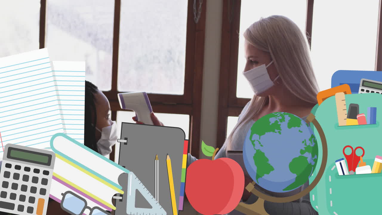 iconos del concepto de la escuela flotando contra la maestra midiendo la temperatura de la niña en la escuela