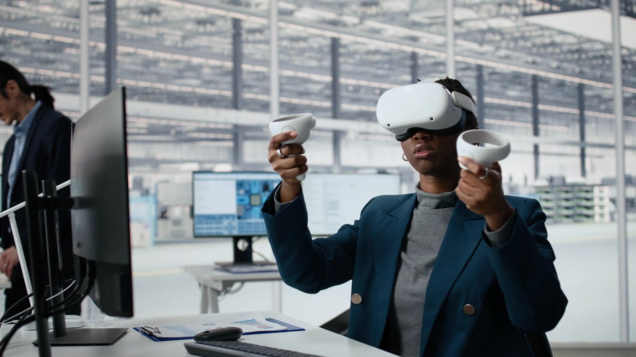 African American Woman Using VR Headset and Controllers in Modern Office