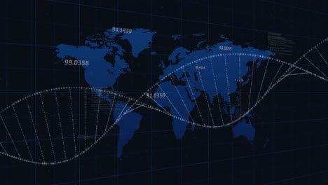 DNA-Struktur-über-Weltkarte-Vor-Schwarzem-Hintergrund