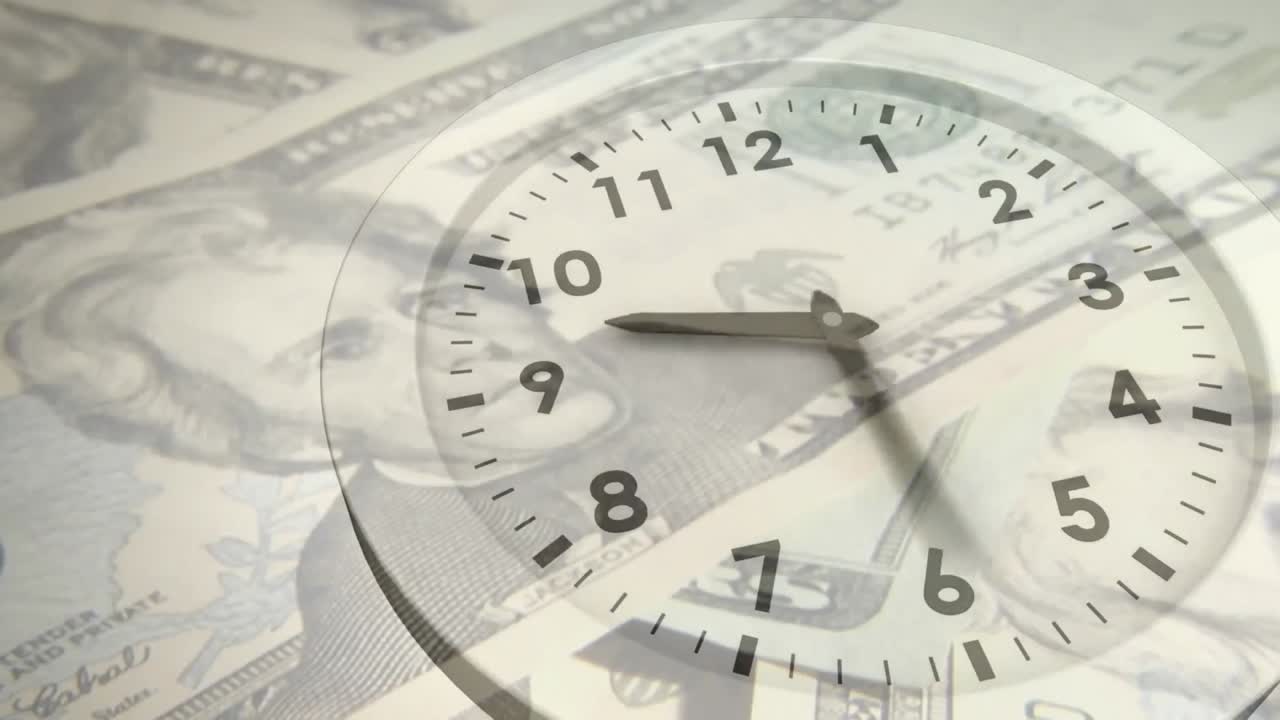 Animation of clock over dollar banknotes on white background